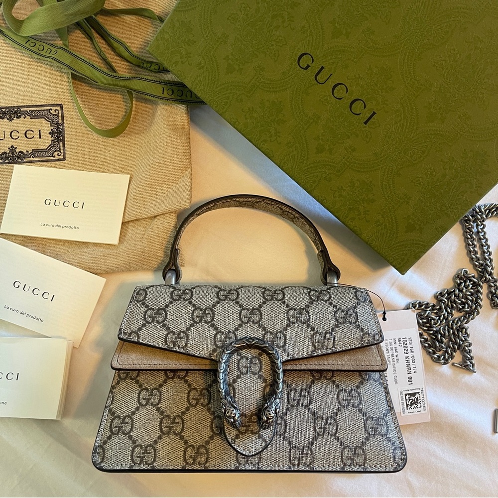 Gucci Beige GG Supreme Mini Bag with Brown Trim and Silver-Tone Hardware